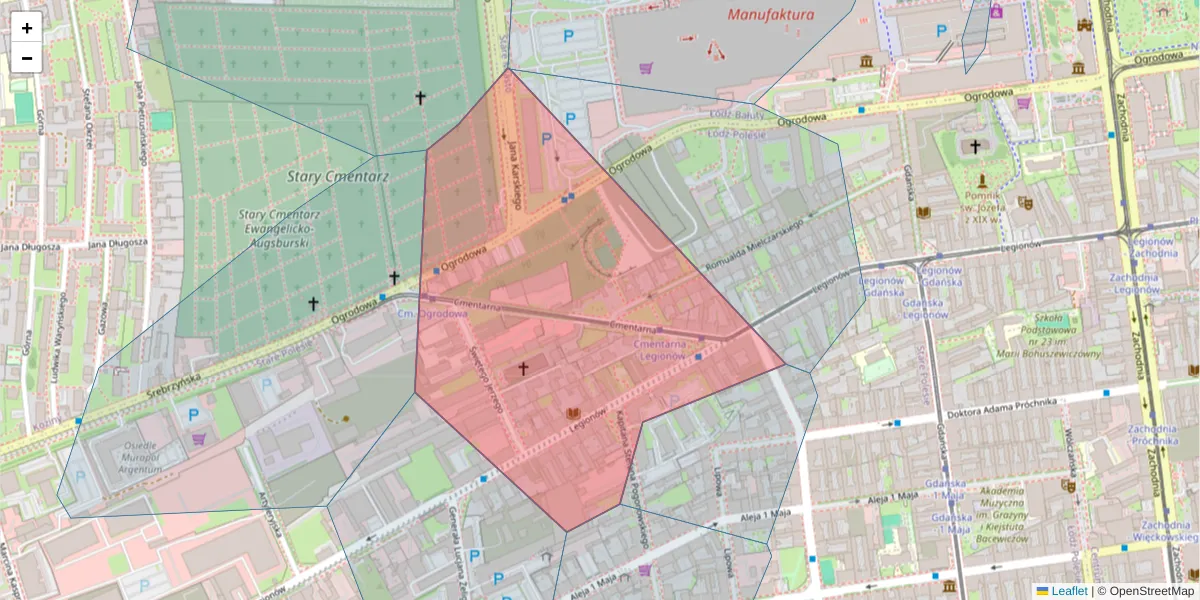 Szczegółowa mapa kodu pocztowego 91-070 z granicami, sąsiednimi kodami pocztowymi i urzędami pocztowymi