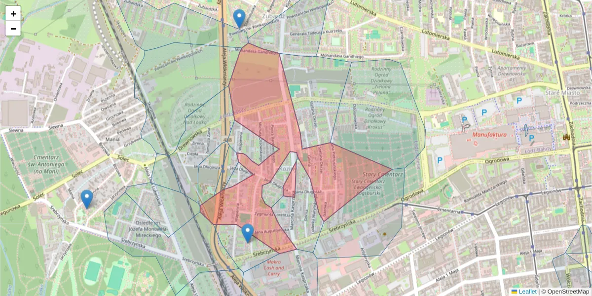Szczegółowa mapa kodu pocztowego 91-078 z granicami, sąsiednimi kodami pocztowymi i urzędami pocztowymi