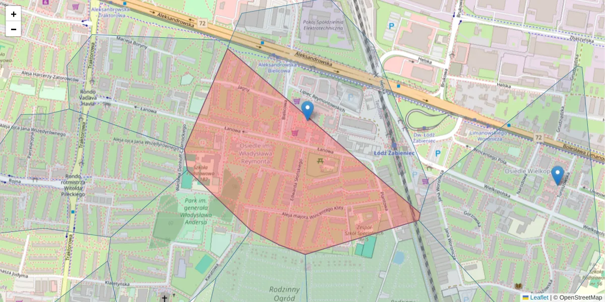 Szczegółowa mapa kodu pocztowego 91-110 z granicami, sąsiednimi kodami pocztowymi i urzędami pocztowymi