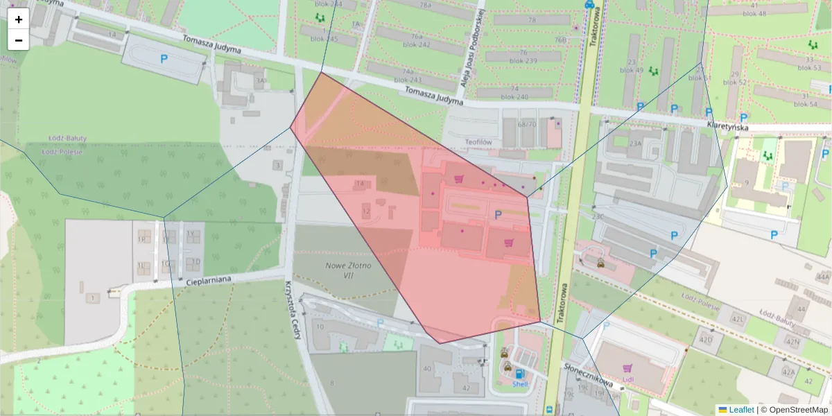 Szczegółowa mapa kodu pocztowego 91-116 z granicami, sąsiednimi kodami pocztowymi i urzędami pocztowymi