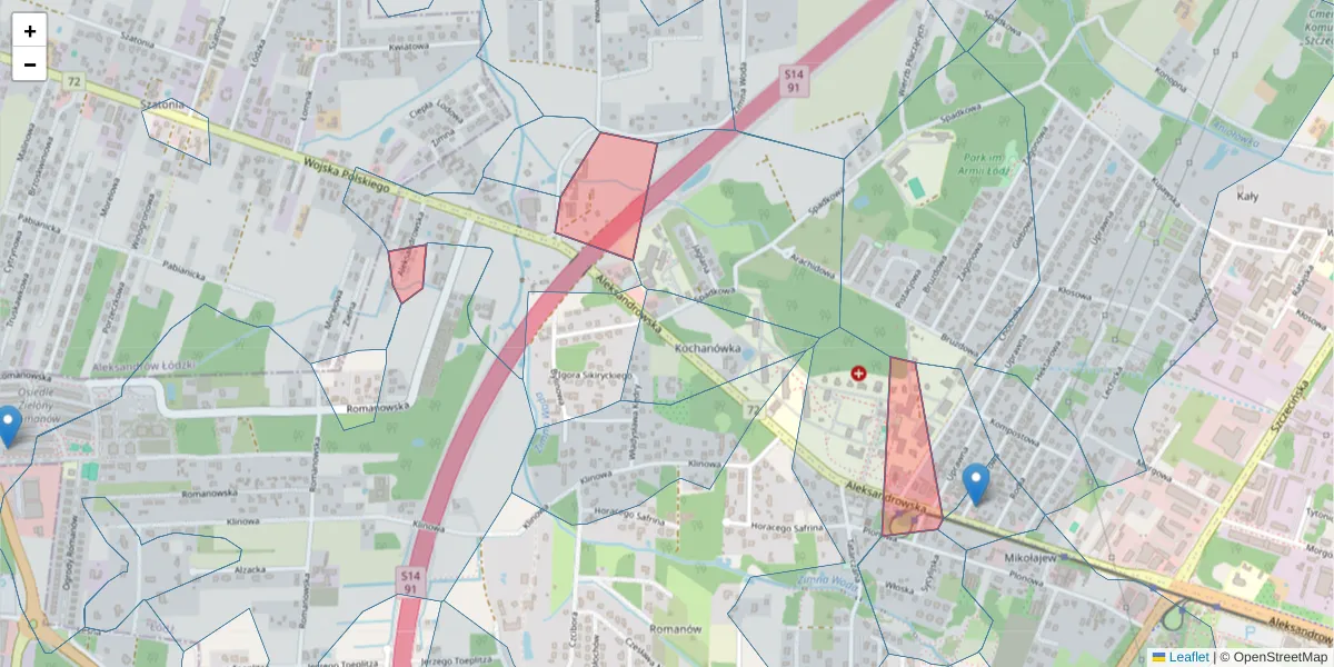 Szczegółowa mapa kodu pocztowego 91-120 z granicami, sąsiednimi kodami pocztowymi i urzędami pocztowymi