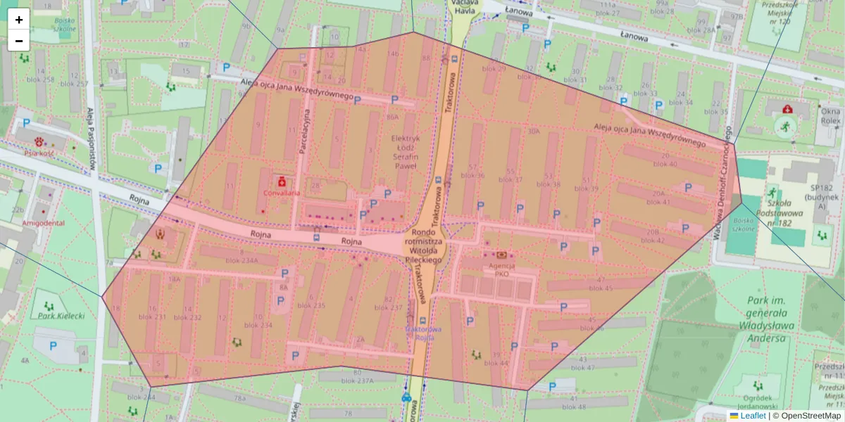 Szczegółowa mapa kodu pocztowego 91-142 z granicami, sąsiednimi kodami pocztowymi i urzędami pocztowymi