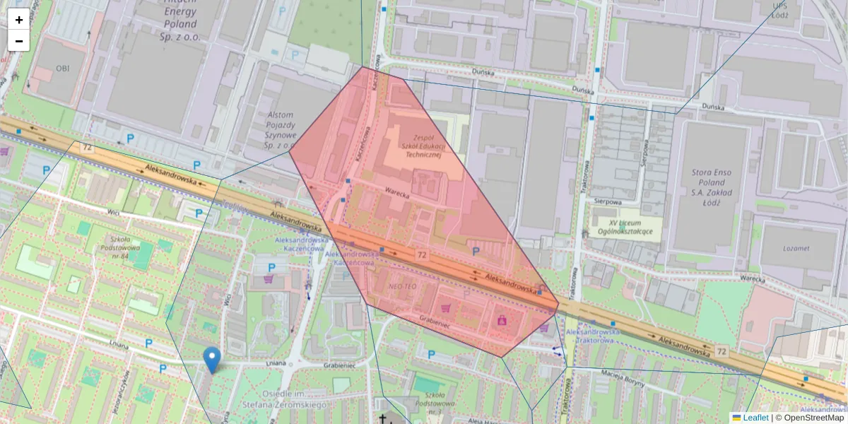 Szczegółowa mapa kodu pocztowego 91-151 z granicami, sąsiednimi kodami pocztowymi i urzędami pocztowymi