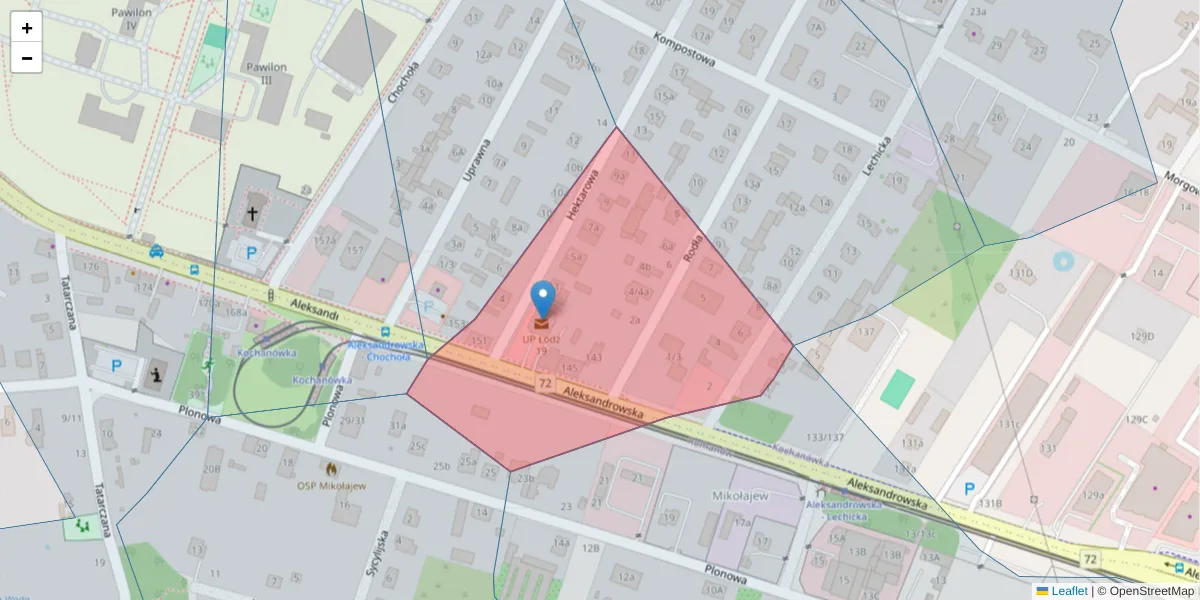 Szczegółowa mapa kodu pocztowego 91-154 z granicami, sąsiednimi kodami pocztowymi i urzędami pocztowymi