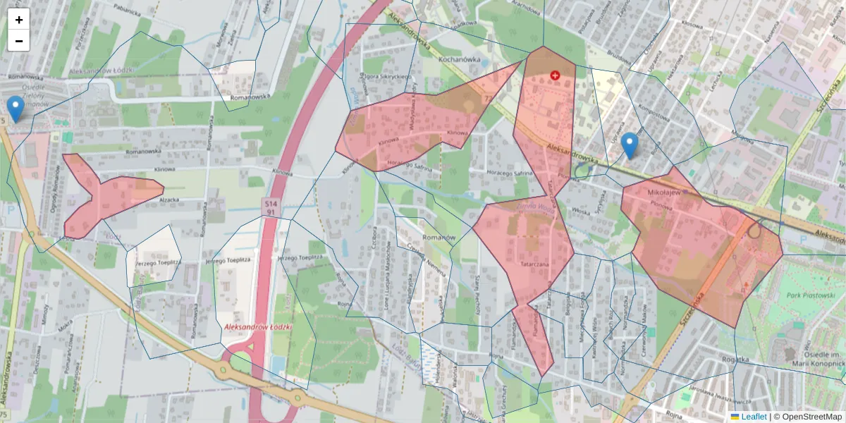 Szczegółowa mapa kodu pocztowego 91-156 z granicami, sąsiednimi kodami pocztowymi i urzędami pocztowymi