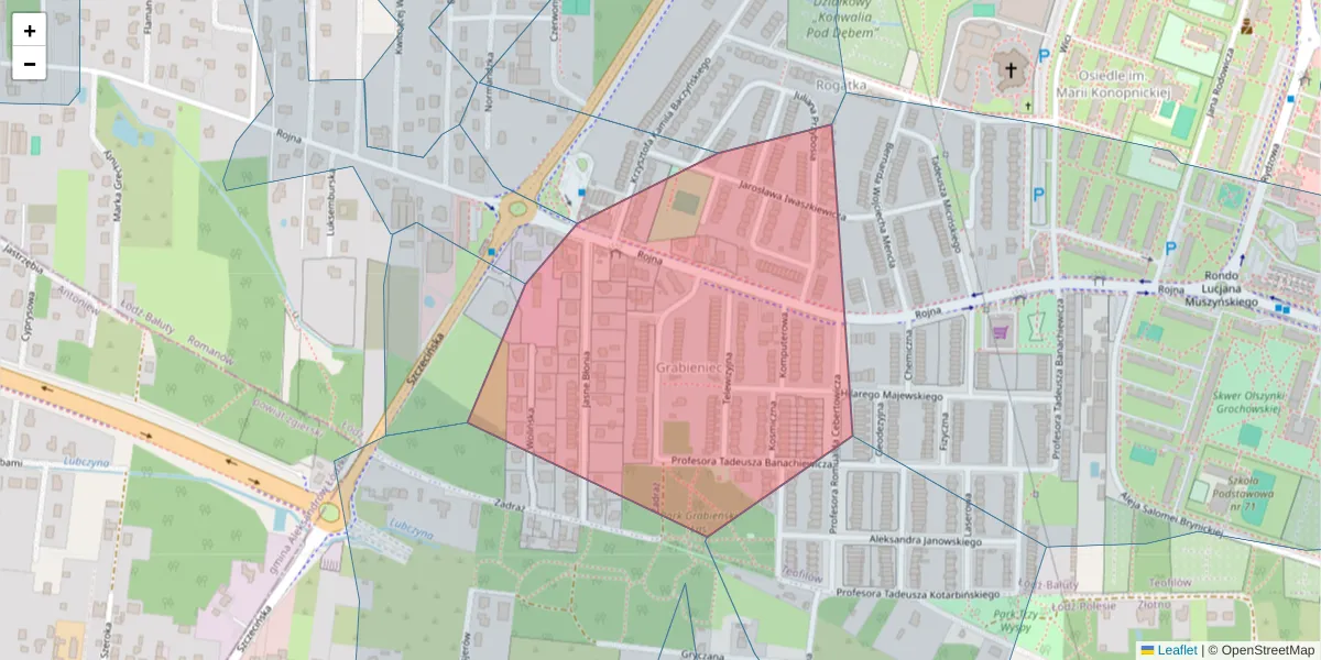Szczegółowa mapa kodu pocztowego 91-162 z granicami, sąsiednimi kodami pocztowymi i urzędami pocztowymi