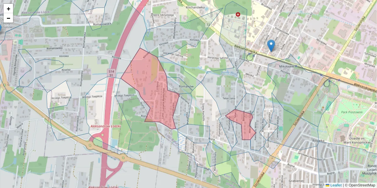 Szczegółowa mapa kodu pocztowego 91-180 z granicami, sąsiednimi kodami pocztowymi i urzędami pocztowymi