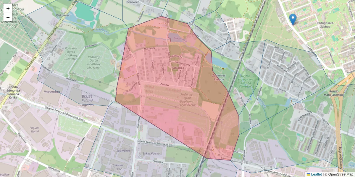 Szczegółowa mapa kodu pocztowego 91-219 z granicami, sąsiednimi kodami pocztowymi i urzędami pocztowymi