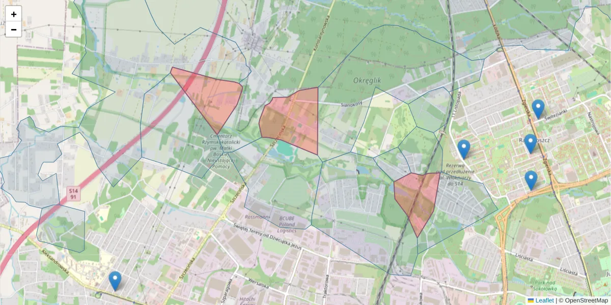 Szczegółowa mapa kodu pocztowego 91-220 z granicami, sąsiednimi kodami pocztowymi i urzędami pocztowymi