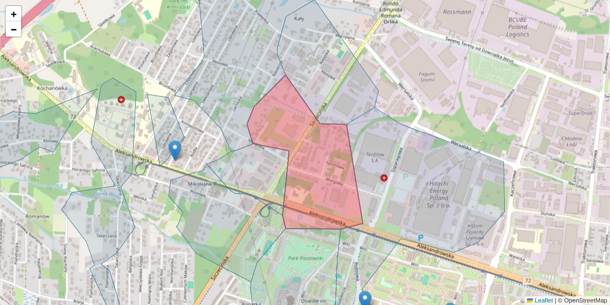 Szczegółowa mapa kodu pocztowego 91-223 z granicami, sąsiednimi kodami pocztowymi i urzędami pocztowymi