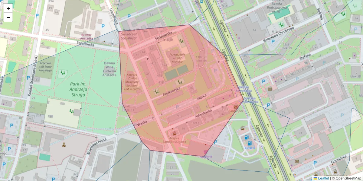 Szczegółowa mapa kodu pocztowego 91-305 z granicami, sąsiednimi kodami pocztowymi i urzędami pocztowymi