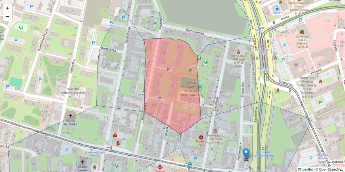 Szczegółowa mapa kodu pocztowego 91-311 z granicami, sąsiednimi kodami pocztowymi i urzędami pocztowymi