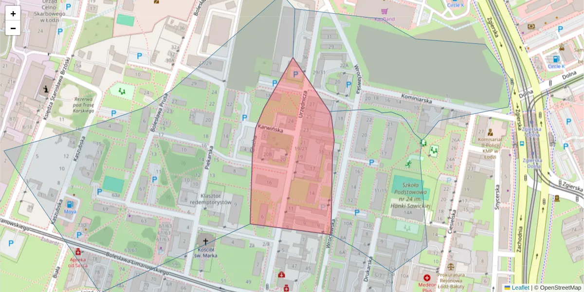 Szczegółowa mapa kodu pocztowego 91-312 z granicami, sąsiednimi kodami pocztowymi i urzędami pocztowymi