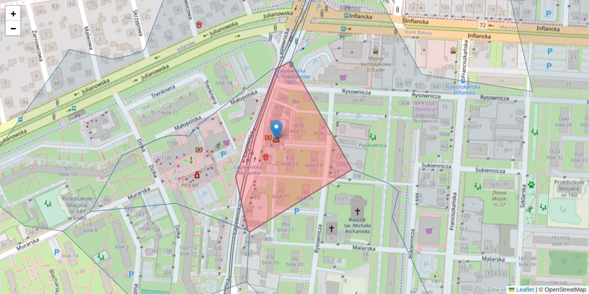 Szczegółowa mapa kodu pocztowego 91-316 z granicami, sąsiednimi kodami pocztowymi i urzędami pocztowymi