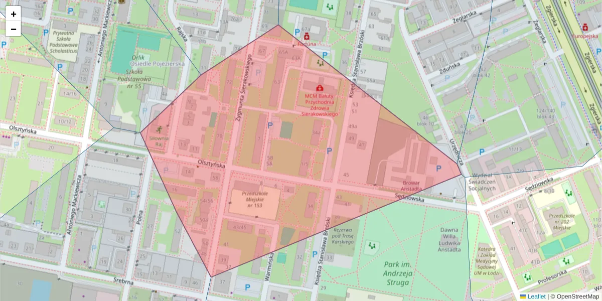 Szczegółowa mapa kodu pocztowego 91-320 z granicami, sąsiednimi kodami pocztowymi i urzędami pocztowymi