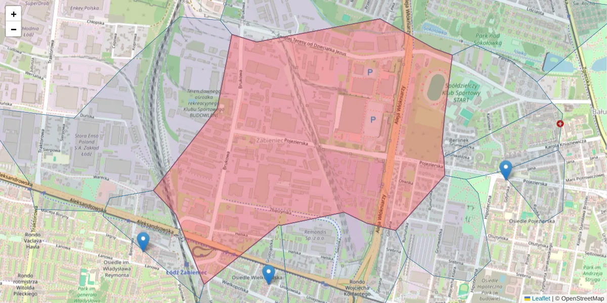 Szczegółowa mapa kodu pocztowego 91-341 z granicami, sąsiednimi kodami pocztowymi i urzędami pocztowymi