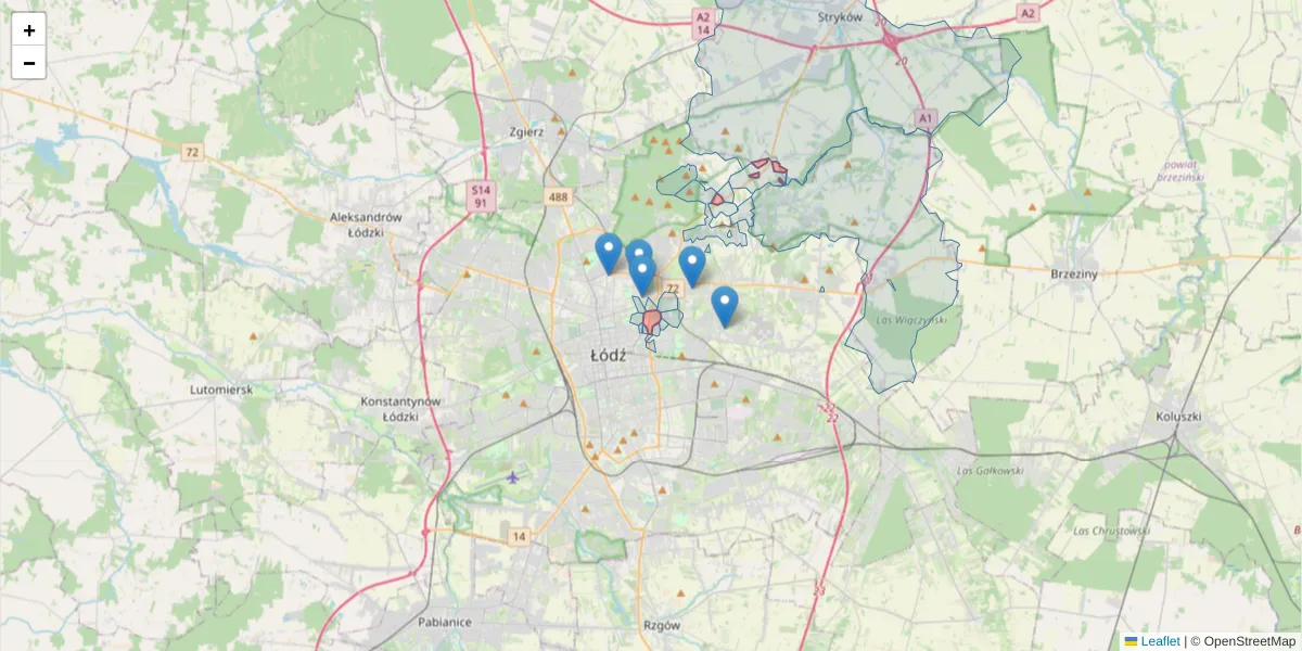 Szczegółowa mapa kodu pocztowego 91-402 z granicami, sąsiednimi kodami pocztowymi i urzędami pocztowymi