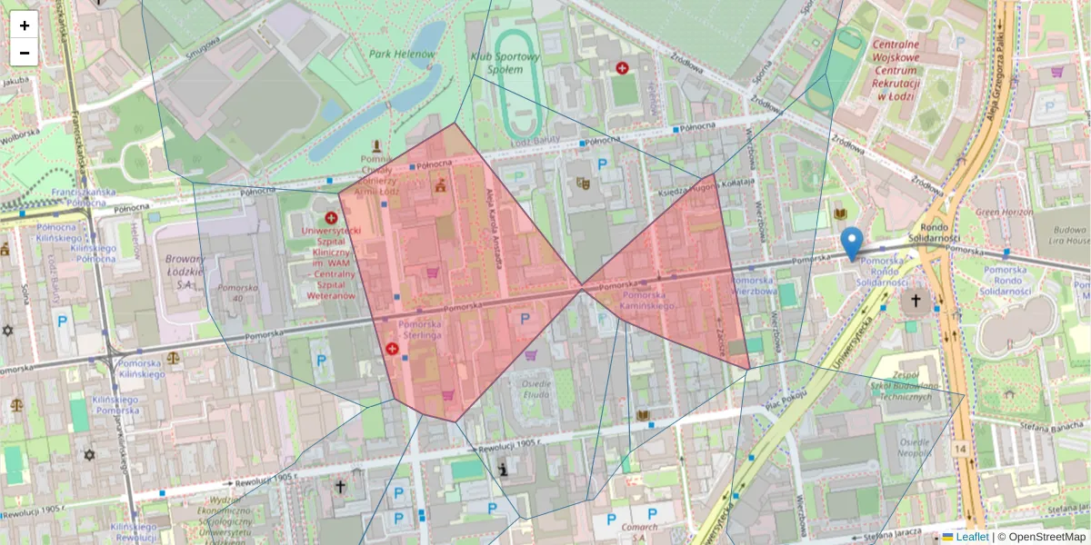 Szczegółowa mapa kodu pocztowego 91-409 z granicami, sąsiednimi kodami pocztowymi i urzędami pocztowymi