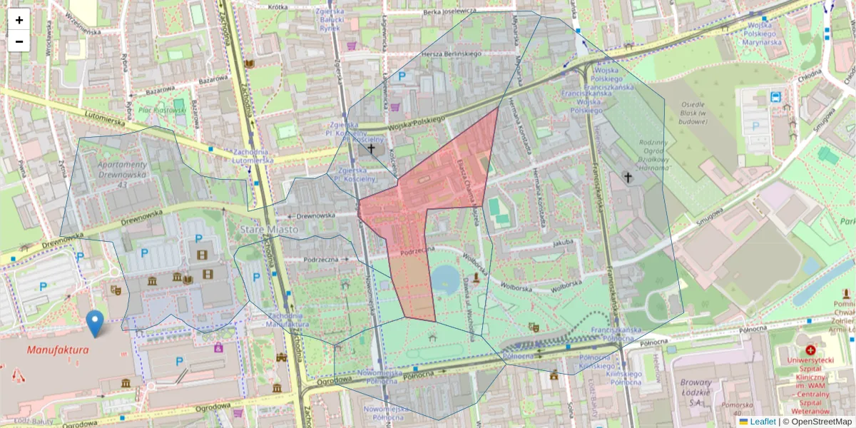 Szczegółowa mapa kodu pocztowego 91-438 z granicami, sąsiednimi kodami pocztowymi i urzędami pocztowymi
