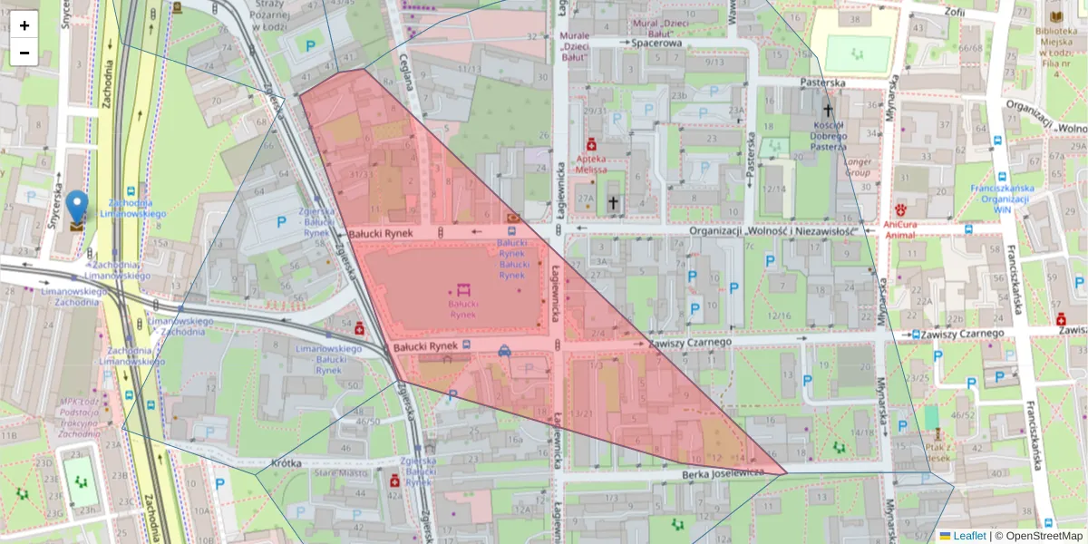 Szczegółowa mapa kodu pocztowego 91-445 z granicami, sąsiednimi kodami pocztowymi i urzędami pocztowymi