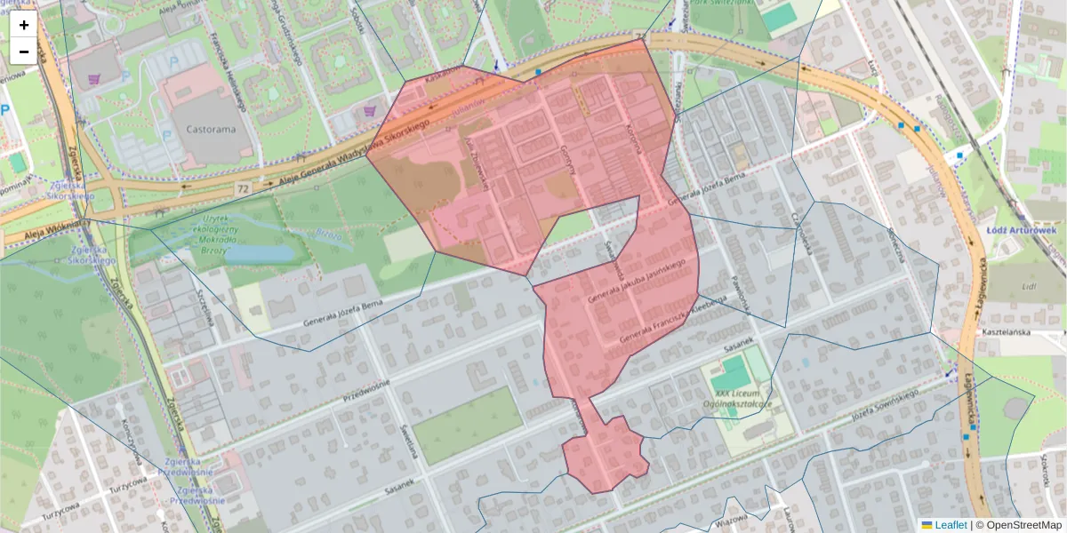 Szczegółowa mapa kodu pocztowego 91-493 z granicami, sąsiednimi kodami pocztowymi i urzędami pocztowymi