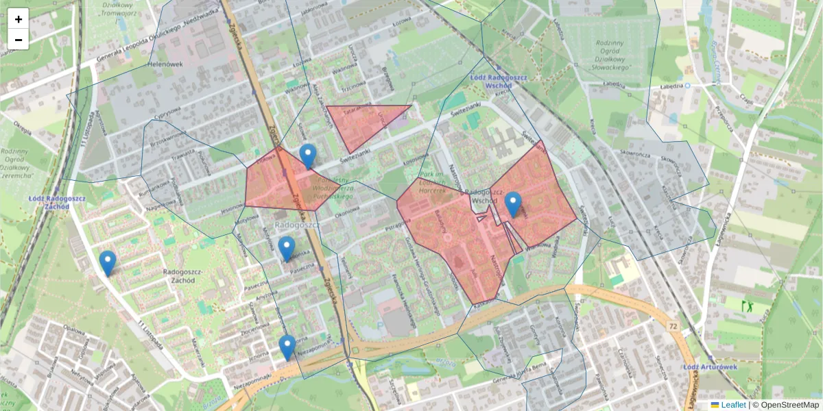 Szczegółowa mapa kodu pocztowego 91-496 z granicami, sąsiednimi kodami pocztowymi i urzędami pocztowymi
