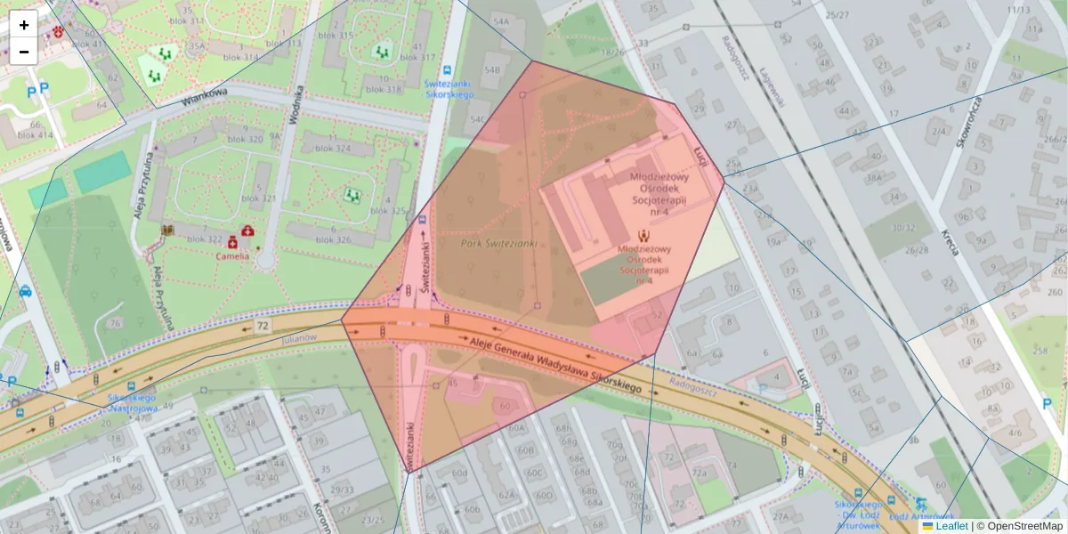 Szczegółowa mapa kodu pocztowego 91-497 z granicami, sąsiednimi kodami pocztowymi i urzędami pocztowymi