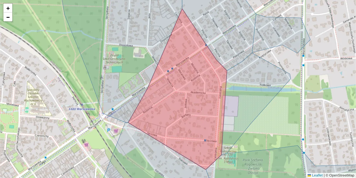 Szczegółowa mapa kodu pocztowego 91-502 z granicami, sąsiednimi kodami pocztowymi i urzędami pocztowymi