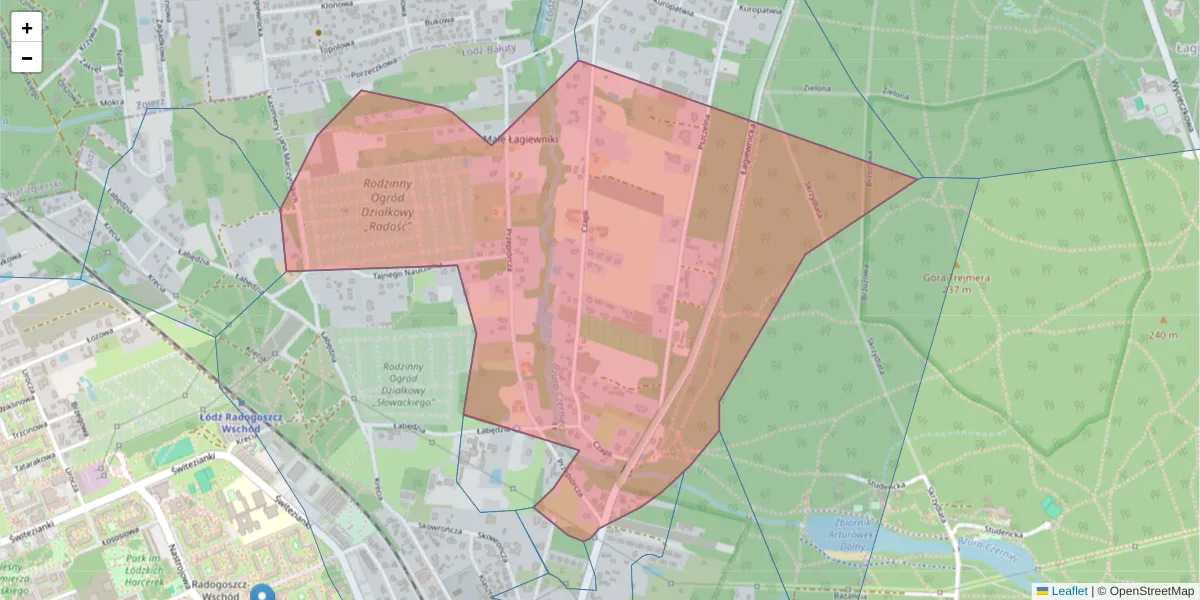 Szczegółowa mapa kodu pocztowego 91-511 z granicami, sąsiednimi kodami pocztowymi i urzędami pocztowymi