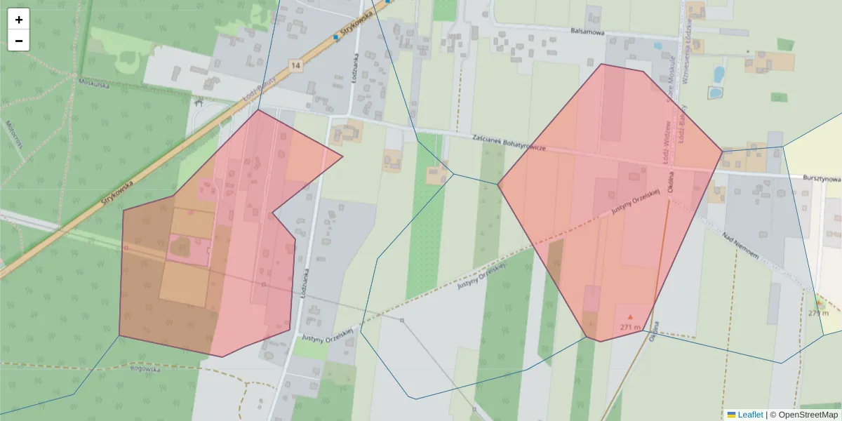 Szczegółowa mapa kodu pocztowego 91-523 z granicami, sąsiednimi kodami pocztowymi i urzędami pocztowymi