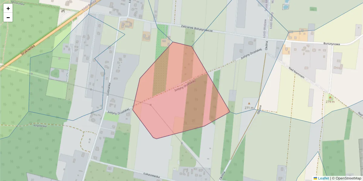 Szczegółowa mapa kodu pocztowego 91-524 z granicami, sąsiednimi kodami pocztowymi i urzędami pocztowymi