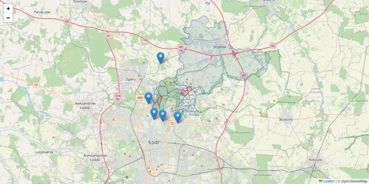 Szczegółowa mapa kodu pocztowego 91-530 z granicami, sąsiednimi kodami pocztowymi i urzędami pocztowymi