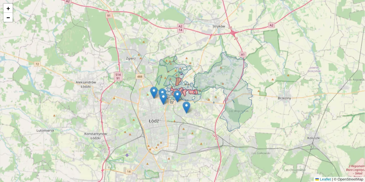 Szczegółowa mapa kodu pocztowego 91-604 z granicami, sąsiednimi kodami pocztowymi i urzędami pocztowymi