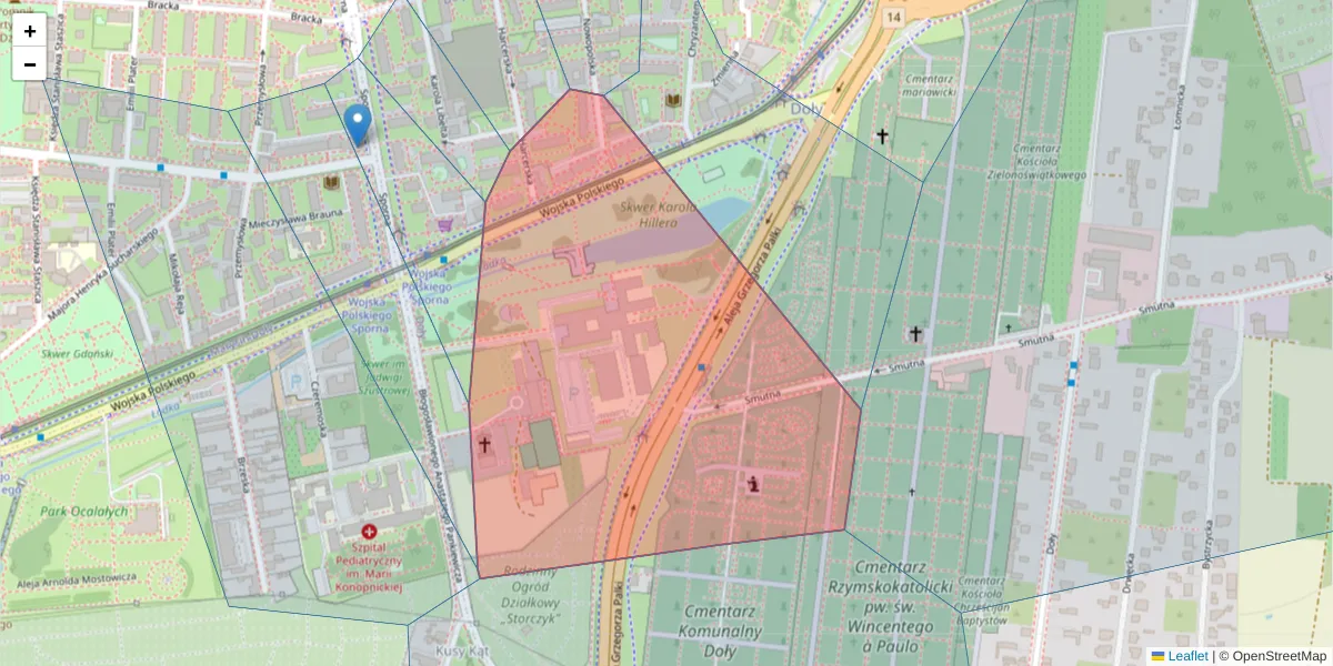 Szczegółowa mapa kodu pocztowego 91-711 z granicami, sąsiednimi kodami pocztowymi i urzędami pocztowymi