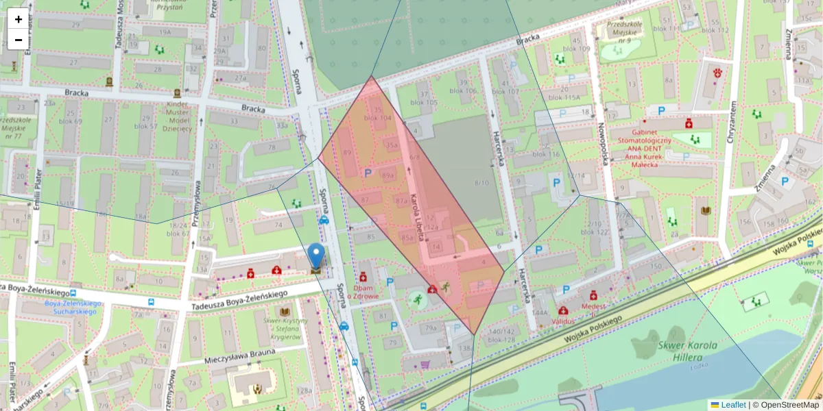 Szczegółowa mapa kodu pocztowego 91-713 z granicami, sąsiednimi kodami pocztowymi i urzędami pocztowymi