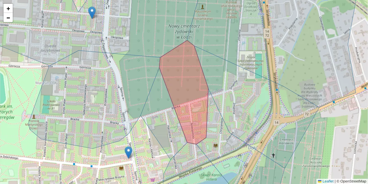 Szczegółowa mapa kodu pocztowego 91-717 z granicami, sąsiednimi kodami pocztowymi i urzędami pocztowymi