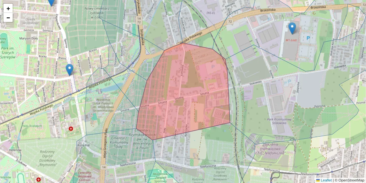Szczegółowa mapa kodu pocztowego 91-726 z granicami, sąsiednimi kodami pocztowymi i urzędami pocztowymi