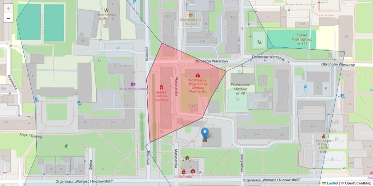 Szczegółowa mapa kodu pocztowego 91-804 z granicami, sąsiednimi kodami pocztowymi i urzędami pocztowymi