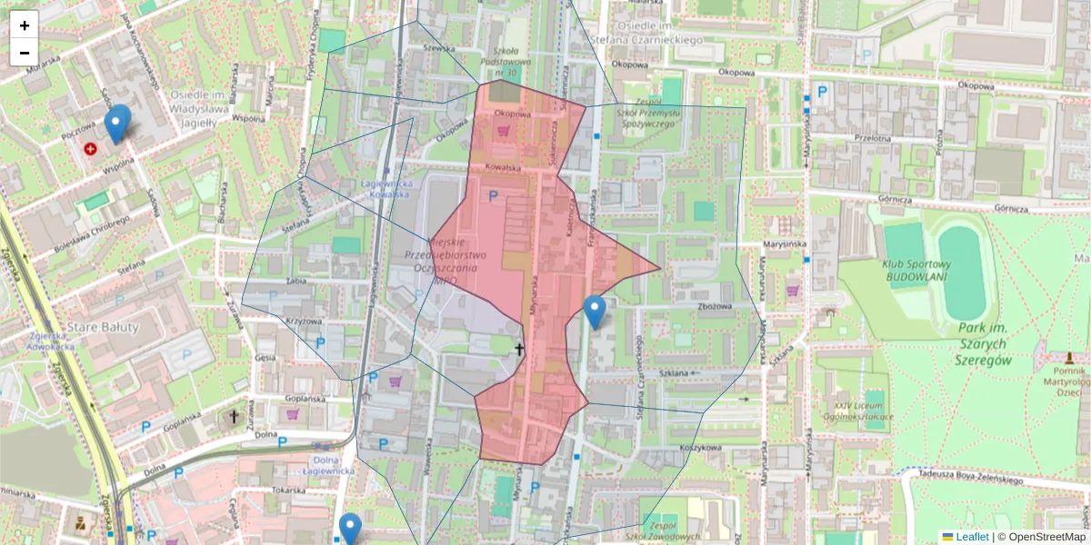 Szczegółowa mapa kodu pocztowego 91-843 z granicami, sąsiednimi kodami pocztowymi i urzędami pocztowymi