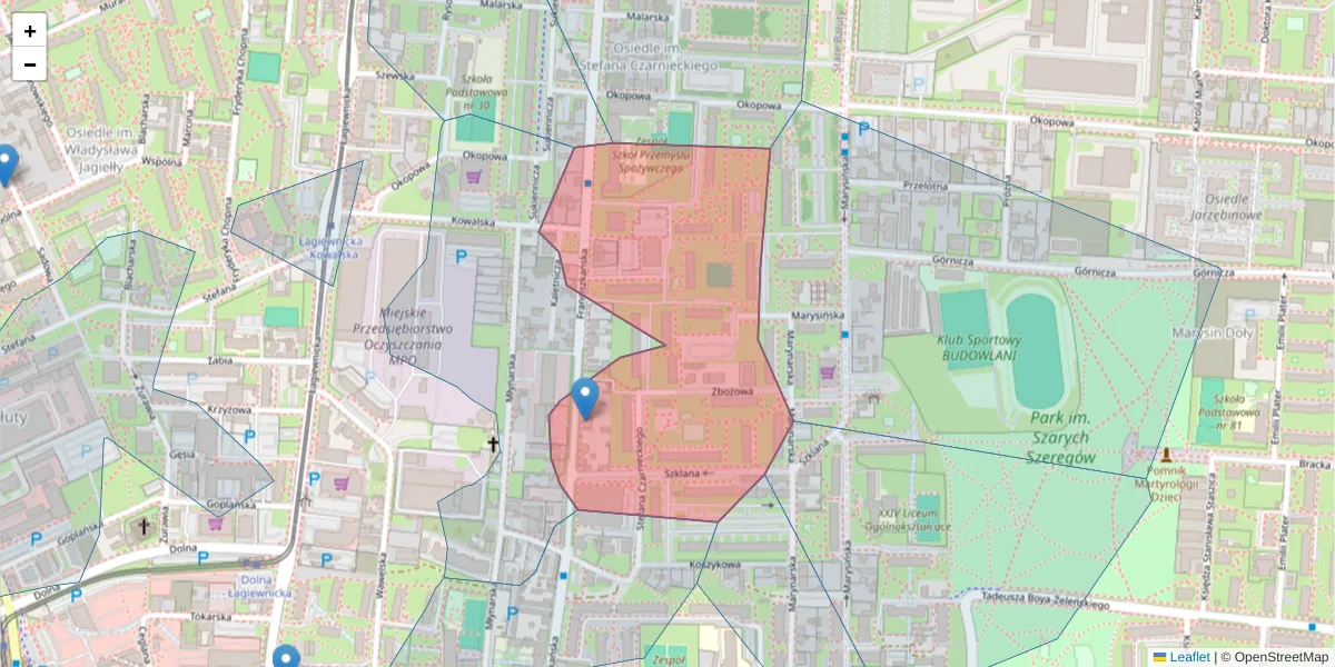 Szczegółowa mapa kodu pocztowego 91-845 z granicami, sąsiednimi kodami pocztowymi i urzędami pocztowymi