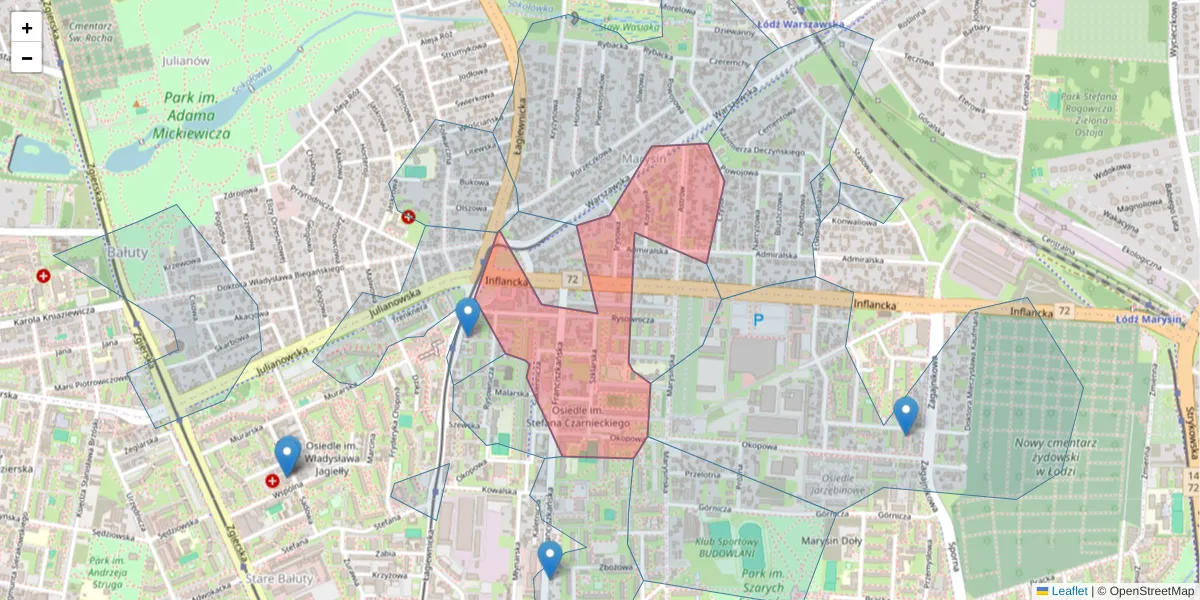 Szczegółowa mapa kodu pocztowego 91-857 z granicami, sąsiednimi kodami pocztowymi i urzędami pocztowymi