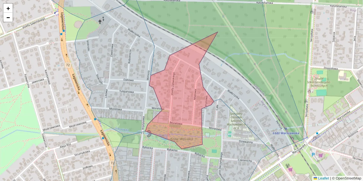 Szczegółowa mapa kodu pocztowego 91-866 z granicami, sąsiednimi kodami pocztowymi i urzędami pocztowymi