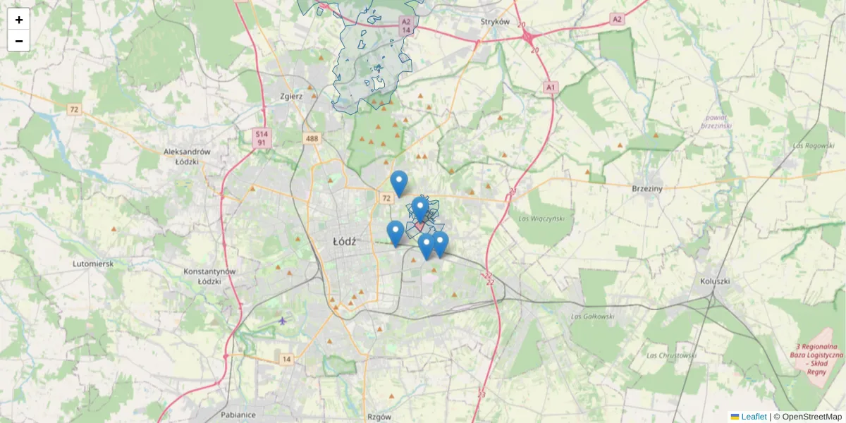 Szczegółowa mapa kodu pocztowego 92-002 z granicami, sąsiednimi kodami pocztowymi i urzędami pocztowymi