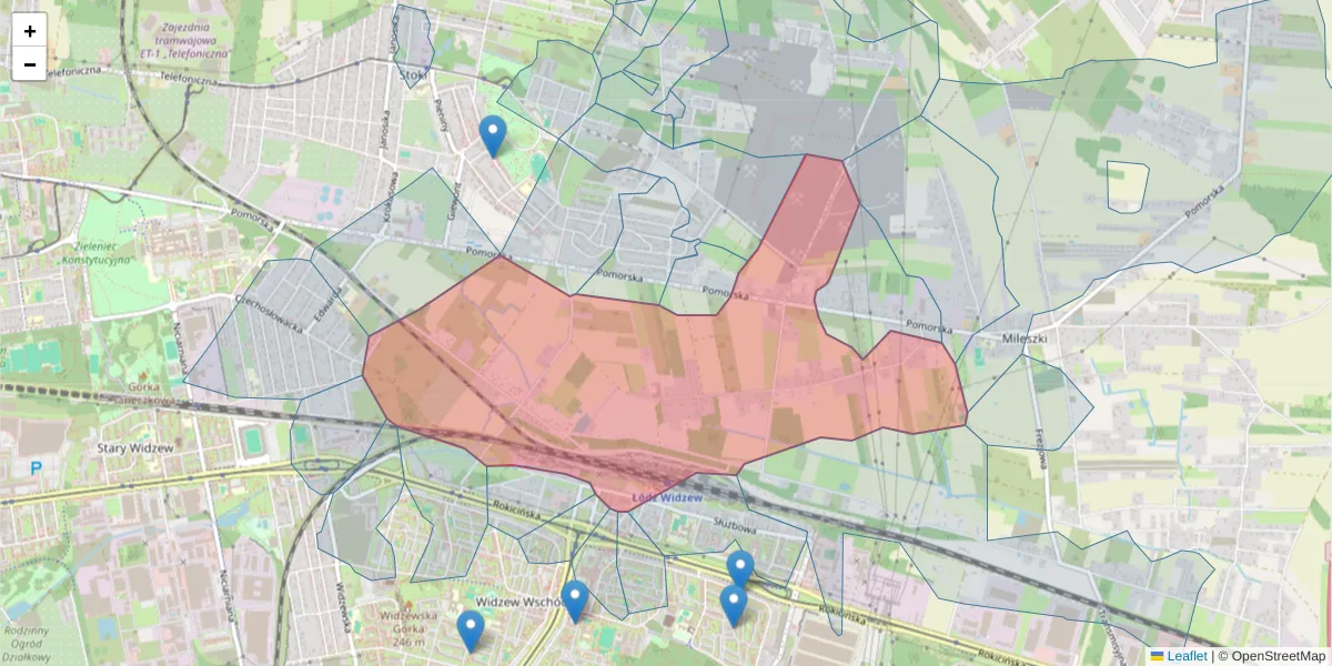 Szczegółowa mapa kodu pocztowego 92-010 z granicami, sąsiednimi kodami pocztowymi i urzędami pocztowymi
