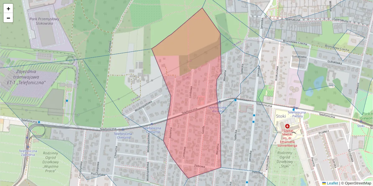 Szczegółowa mapa kodu pocztowego 92-015 z granicami, sąsiednimi kodami pocztowymi i urzędami pocztowymi