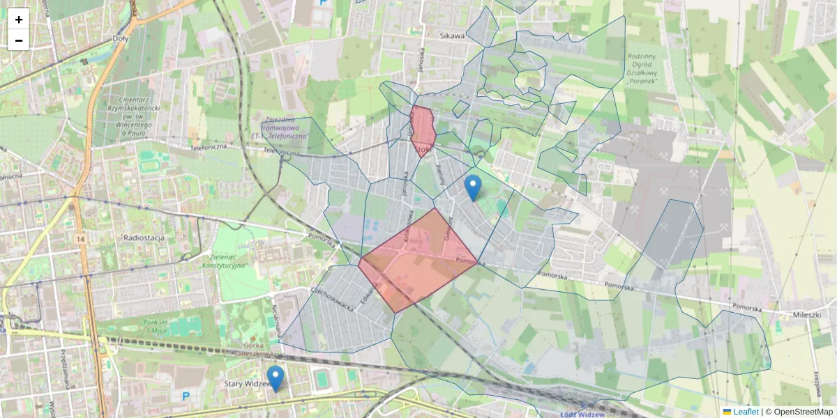 Szczegółowa mapa kodu pocztowego 92-101 z granicami, sąsiednimi kodami pocztowymi i urzędami pocztowymi