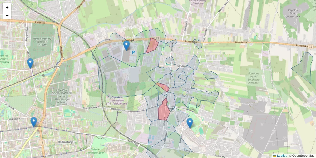 Szczegółowa mapa kodu pocztowego 92-102 z granicami, sąsiednimi kodami pocztowymi i urzędami pocztowymi