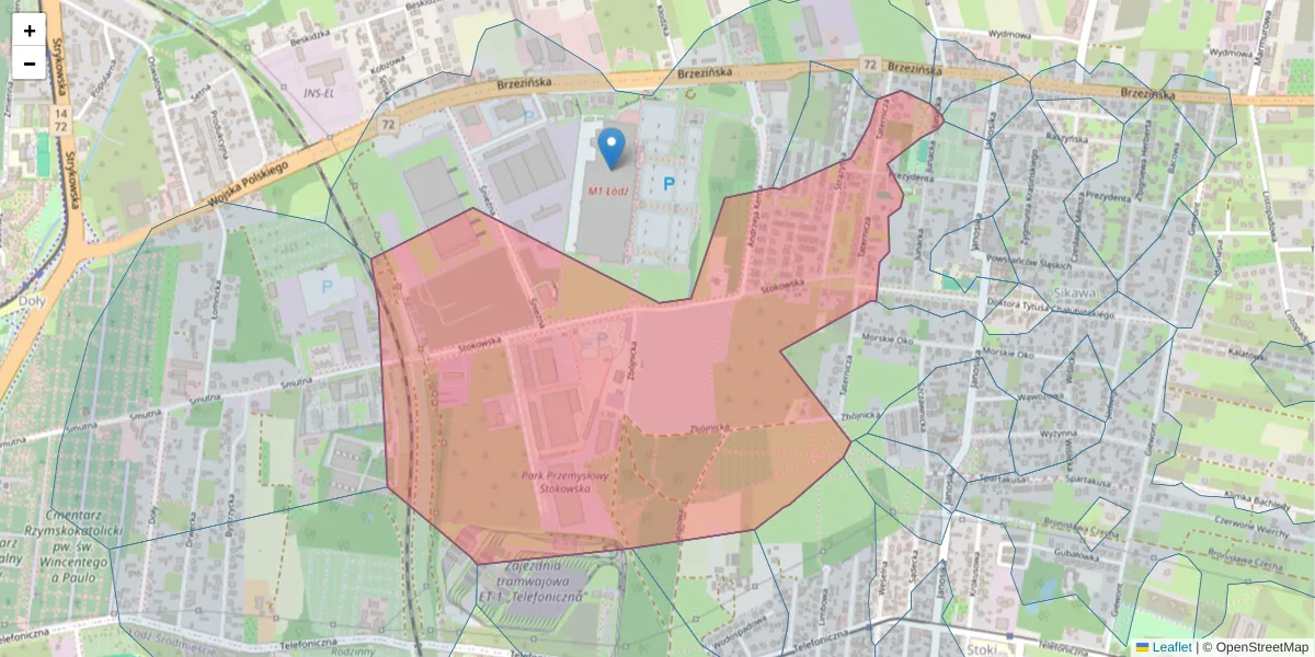 Szczegółowa mapa kodu pocztowego 92-104 z granicami, sąsiednimi kodami pocztowymi i urzędami pocztowymi