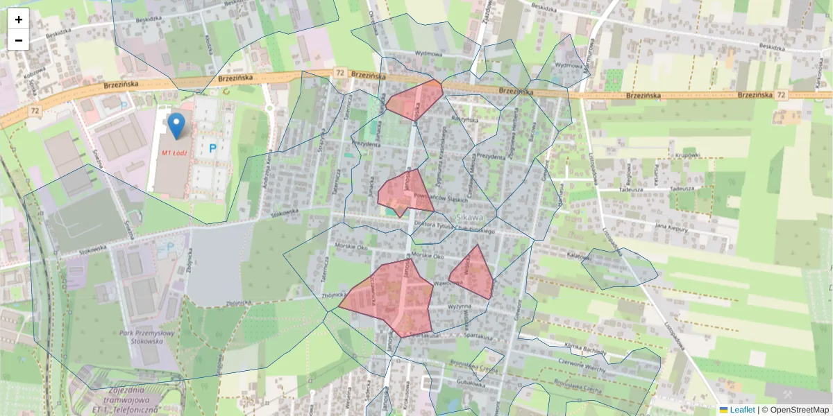 Szczegółowa mapa kodu pocztowego 92-108 z granicami, sąsiednimi kodami pocztowymi i urzędami pocztowymi