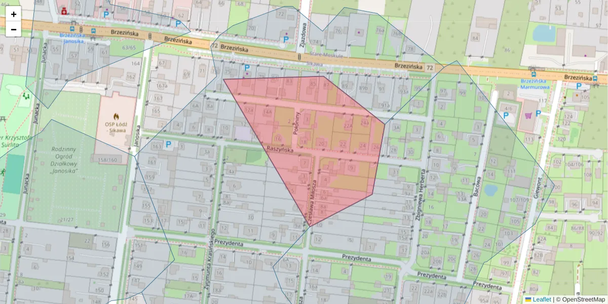 Szczegółowa mapa kodu pocztowego 92-110 z granicami, sąsiednimi kodami pocztowymi i urzędami pocztowymi